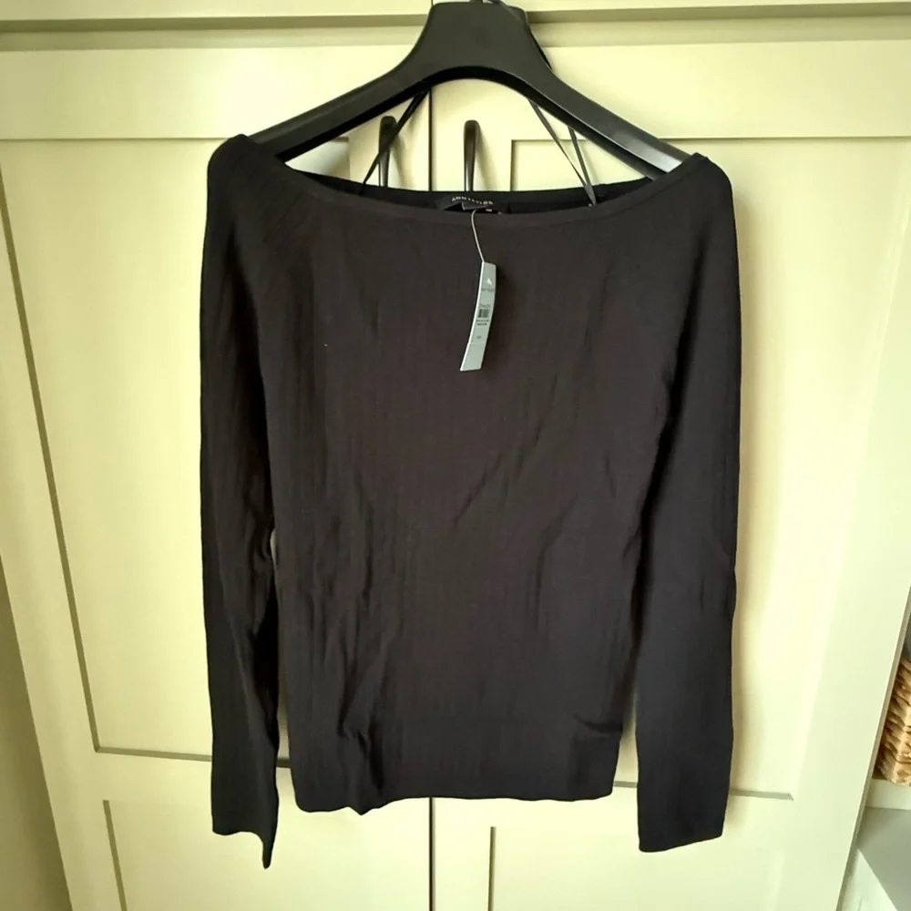 NWT Ann Taylor Ribbed Off Shoulder Black Long Sleeve Sweater SZ LP